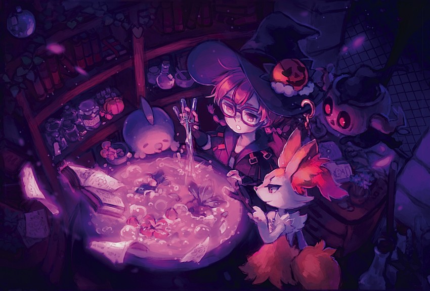 braixen, phantump, gulpin, and chloe de gervaise (pokemon and 2 more) drawn by ezroseven
