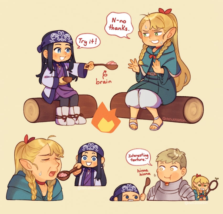 marcille donato, laios touden, and asirpa (dungeon meshi and 1 more) drawn by dehubbleton
