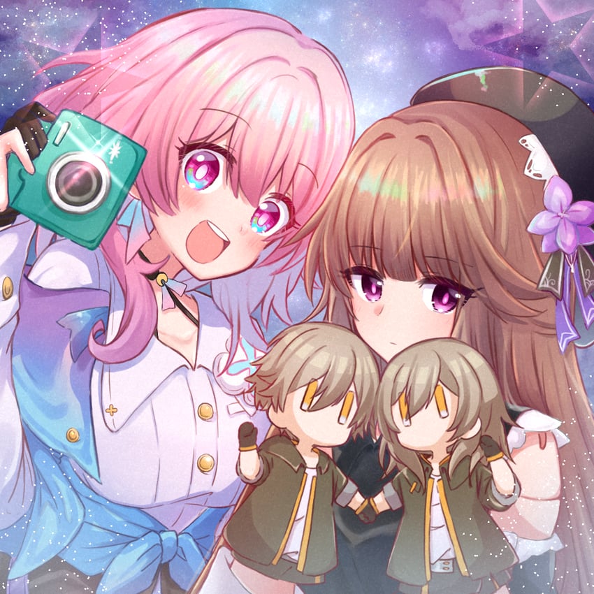 trailblazer, stelle, march 7th, caelus, and herta (honkai and 1 more) drawn by shirasu_(miyaimari)