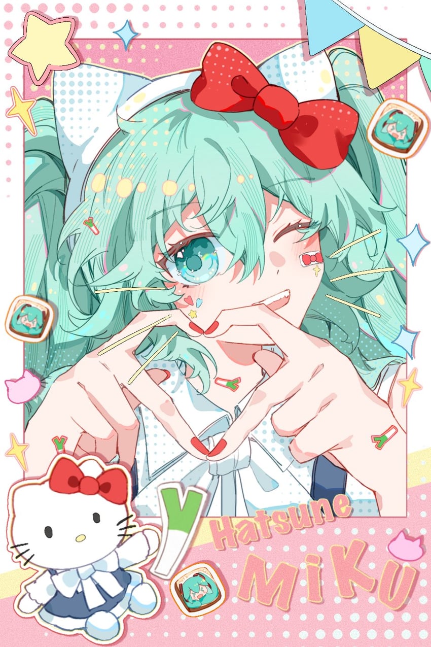 hatsune miku and hello kitty (vocaloid and 3 more) drawn by sunfish3939