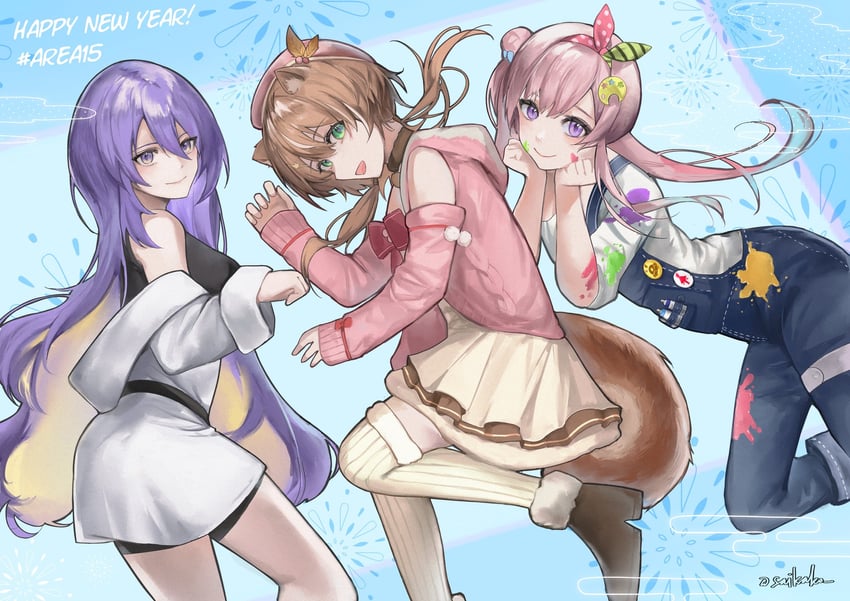 moona hoshinova, ayunda risu, and airani iofifteen (hololive and 1 more) drawn by saikako