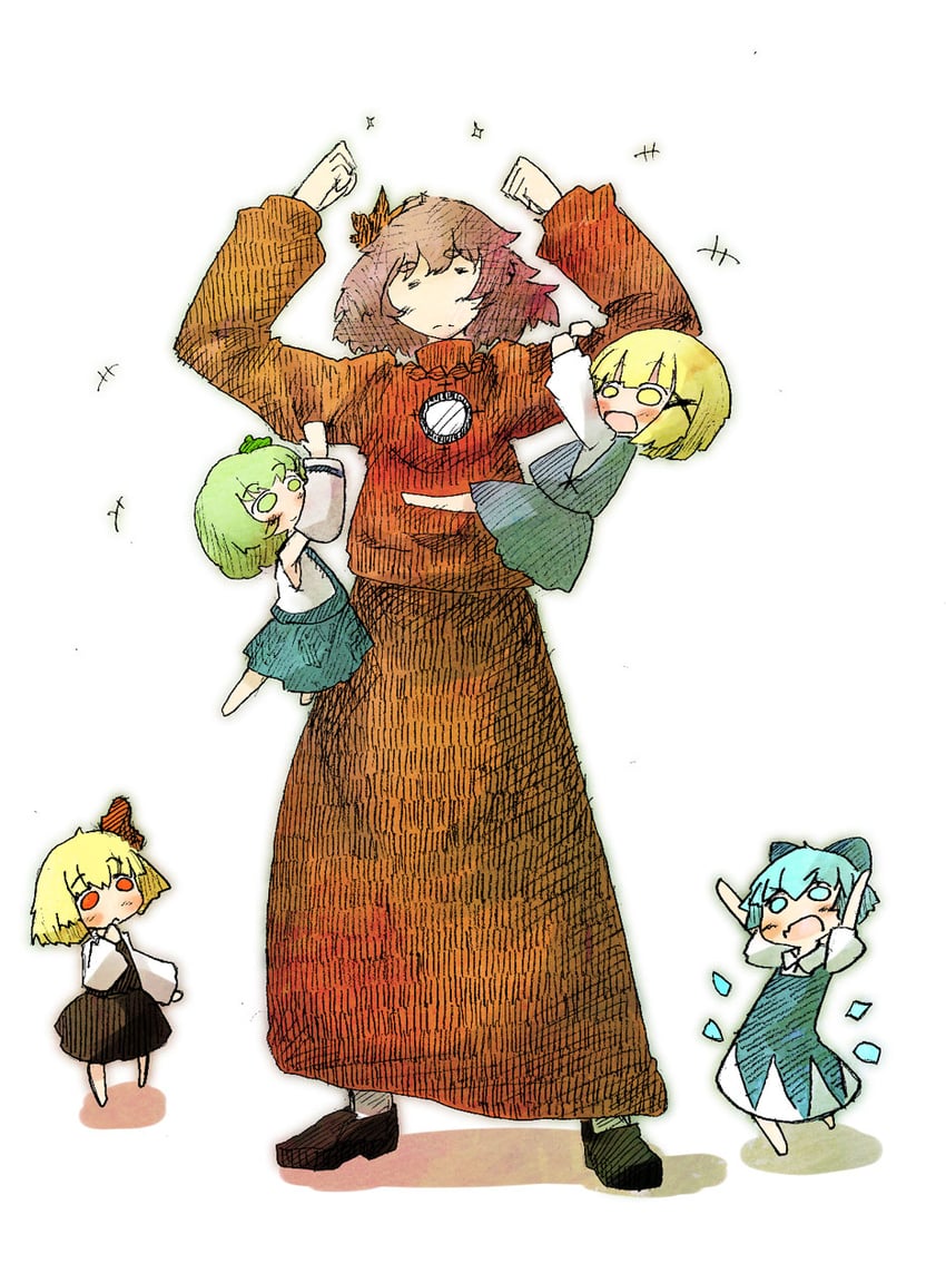 kochiya sanae, cirno, rumia, moriya suwako, and yasaka kanako (touhou) drawn by daruia_(sabitare)