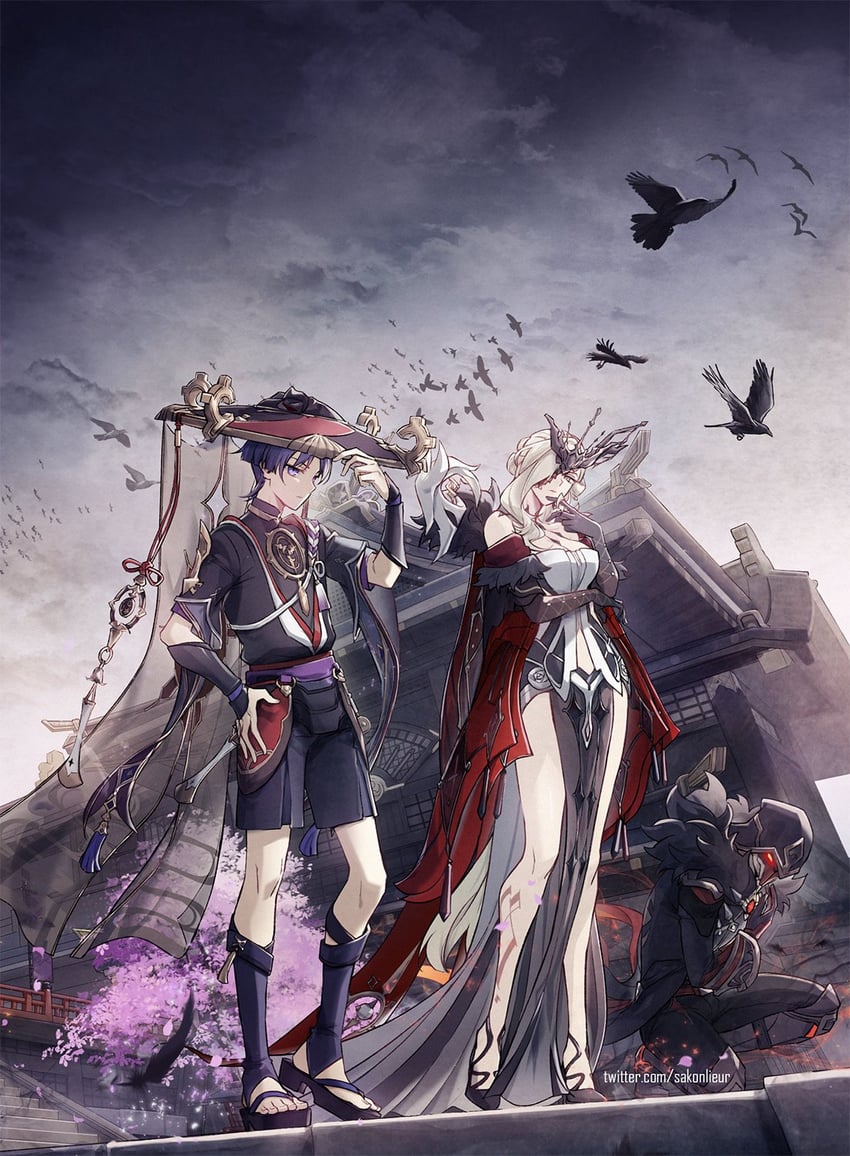 scaramouche, signora, and fatui pyro agent (genshin impact) drawn by sakon04