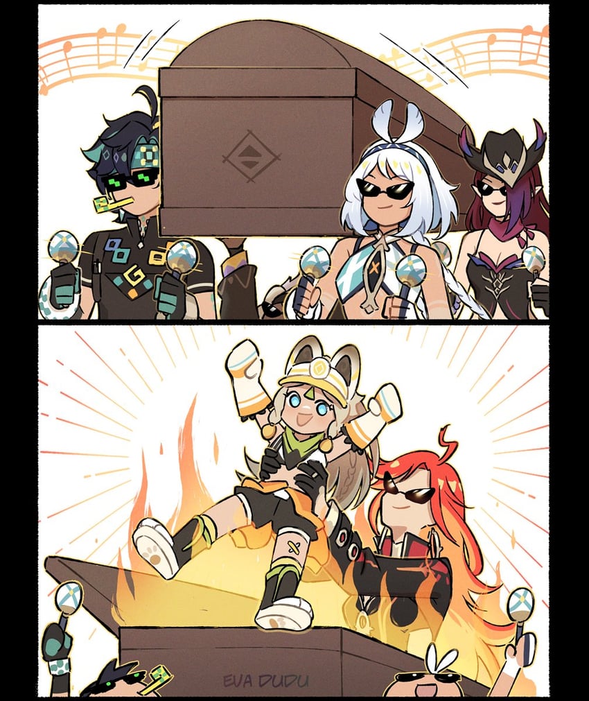 mavuika, mualani, kinich, kachina, ajaw, and 2 more (genshin impact and 1 more) drawn by kakaolikeslegs