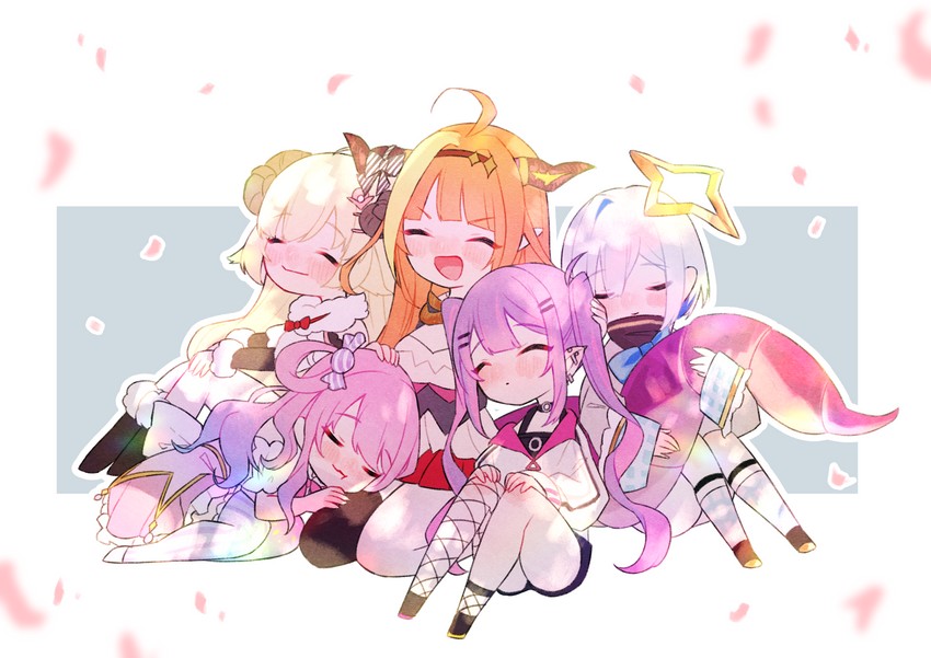 tokoyami towa, amane kanata, kiryu coco, tsunomaki watame, and himemori luna (hololive) drawn by neru_(flareuptf1)