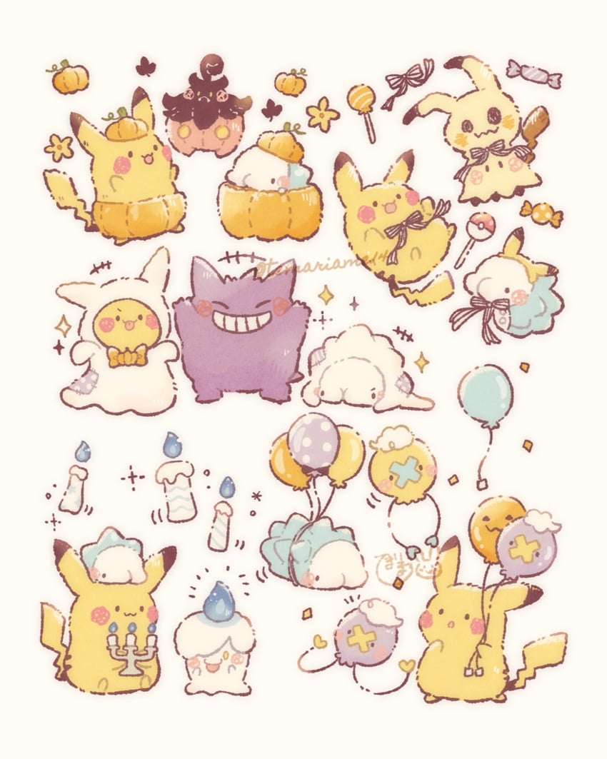 pikachu, gengar, mimikyu, litwick, drifloon, and 2 more (pokemon) drawn by temariame14