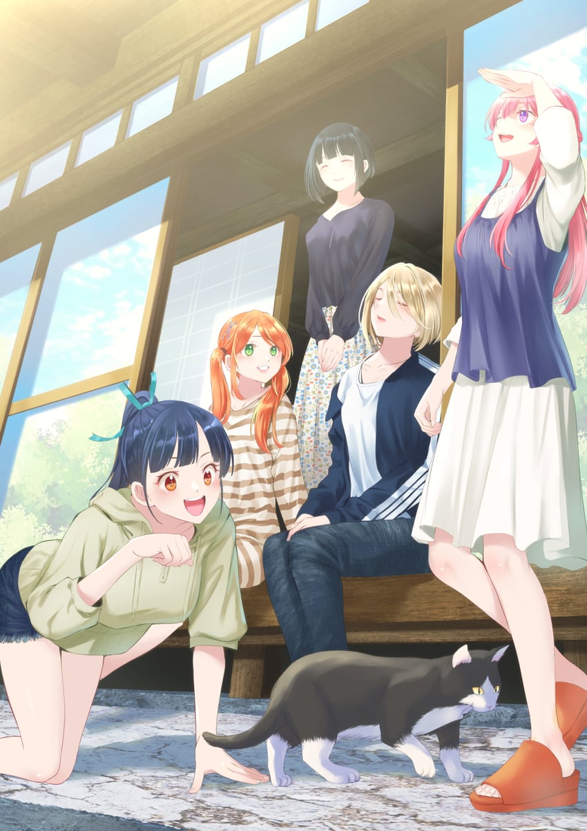 hououji akane, tsukishima riho, makuzawa ouka, ono shiragiku, and tsuruga ami (megami no cafe terrace) drawn by seo_kouji