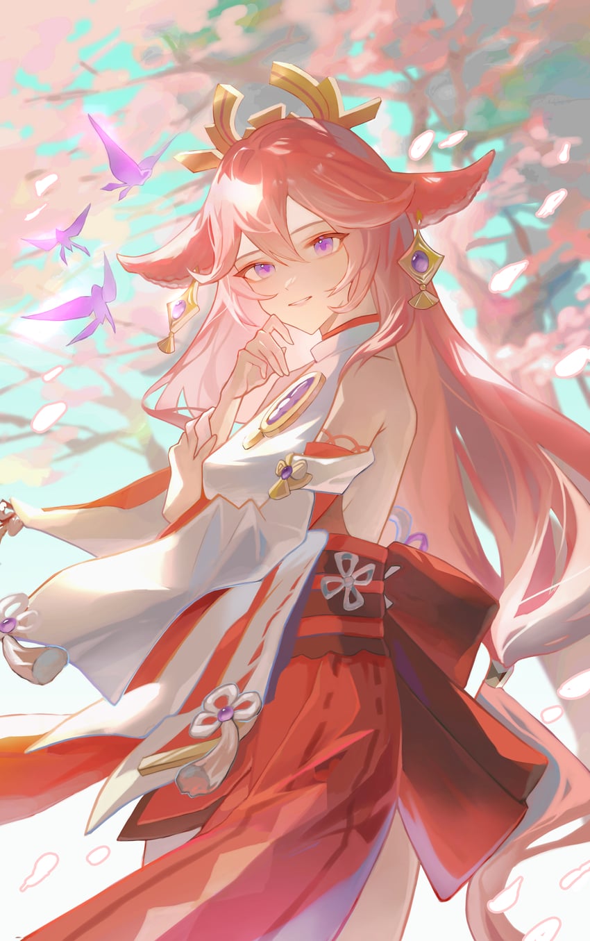 yae miko and crystalfly (genshin impact) drawn by osushi_tabetarou