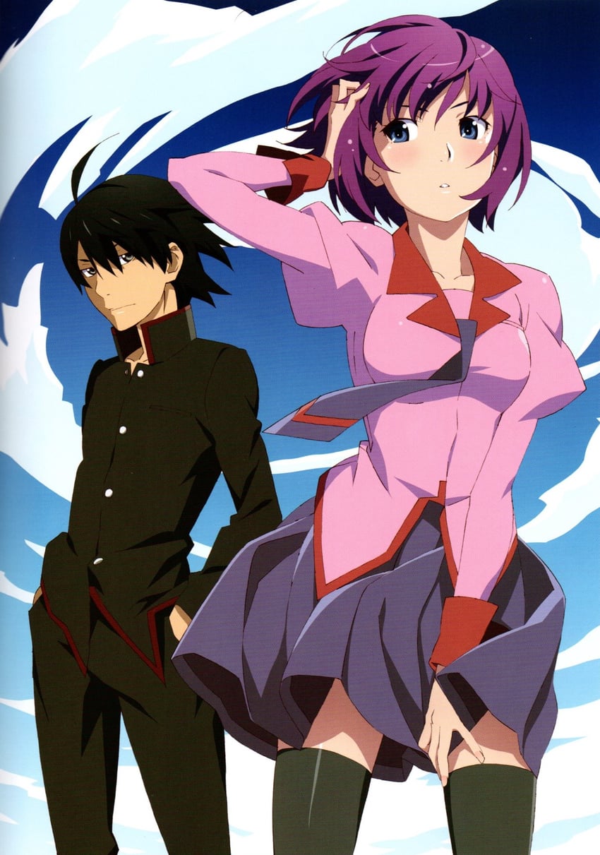 senjougahara hitagi and araragi koyomi (monogatari and 1 more) drawn by watanabe_akio