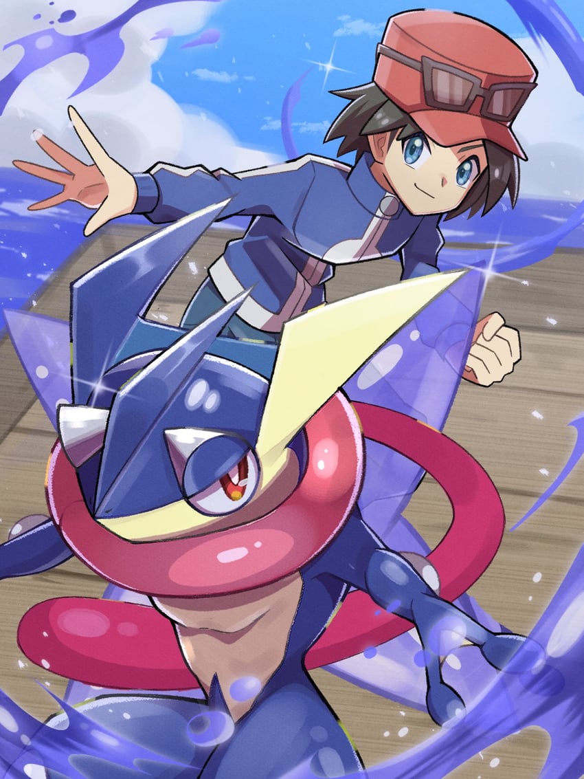 calem and greninja (pokemon and 1 more) drawn by inana_umi