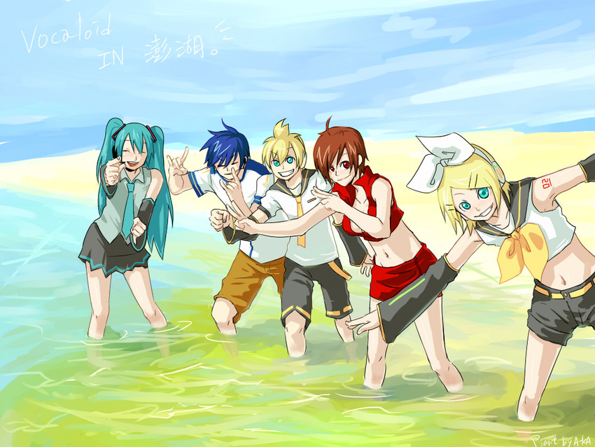 hatsune miku, kagamine rin, kagamine len, kaito, and meiko (vocaloid) drawn by a-ka