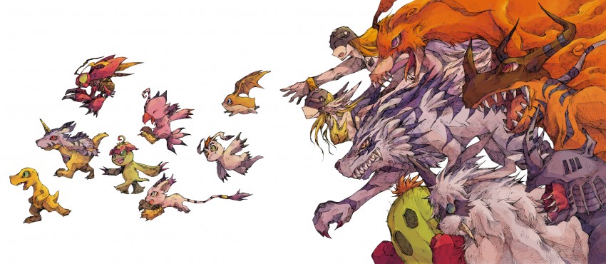 angewomon, tailmon, agumon, patamon, gabumon, and 11 more (digimon) drawn by kuuneru