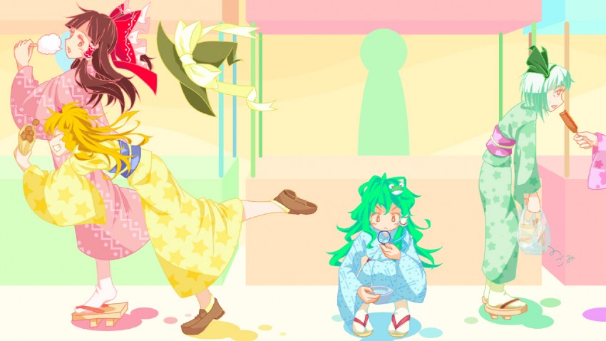 hakurei reimu, kirisame marisa, kochiya sanae, and konpaku youmu (touhou) drawn by hanpitsu_(palewhite)