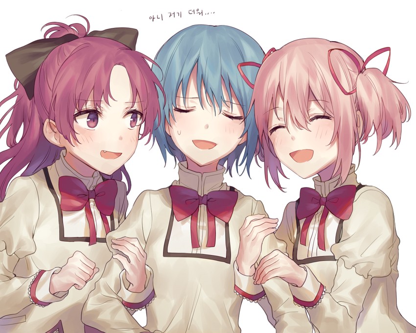 kaname madoka, miki sayaka, and sakura kyoko (mahou shoujo madoka magica) drawn by misha_(hoongju)