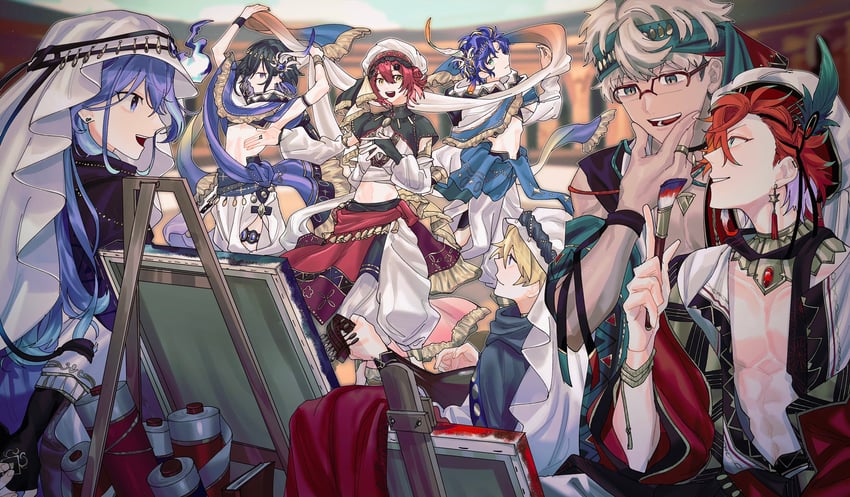 astel leda, hanasaki miyabi, kanade izuru, kishido temma, arurandeisu, and 2 more (holostars) drawn by momiage_40