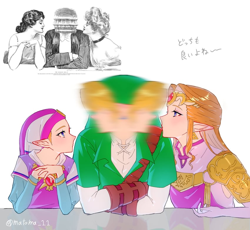 link, princess zelda, and young zelda (the legend of zelda and 2 more) drawn by matoma_11