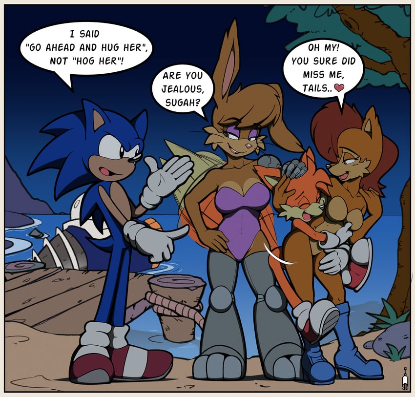 sonic the hedgehog, tails, sally acorn, and bunnie rabbot (sonic) drawn by ardannorgate