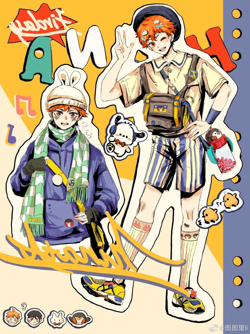 hinata shouyou, kageyama tobio, pochacco, and pi-chan (sanrio and 1 more) drawn by tuuuuuututu