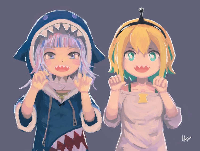 gawr gura and amano pikamee (hololive and 2 more) drawn by luant