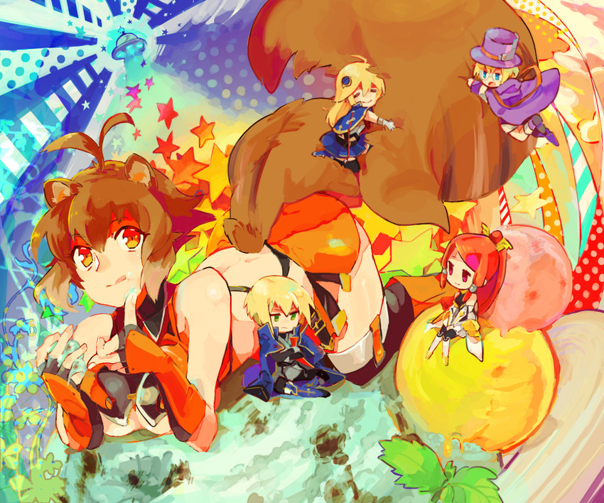 makoto nanaya, noel vermillion, jin kisaragi, tsubaki yayoi, carl clover, and 1 more (blazblue) drawn by koboshita-z