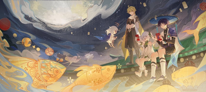 scaramouche, aether, nahida, wanderer, and paimon (genshin impact) drawn by xinxi97251086