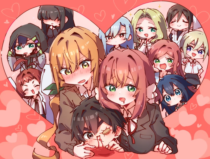 hanazono hakari, inda karane, yoshimoto shizuka, aijou rentarou, eiai nano, and 7 more (kimi no koto ga dai dai dai dai daisuki na 100-nin no kanojo) drawn by nyaa_(nnekoron)