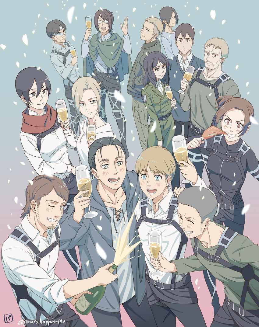 mikasa ackerman, levi, reiner braun, annie leonhart, hange zoe, and 2 more (shingeki no kyojin) drawn by grasshopper193
