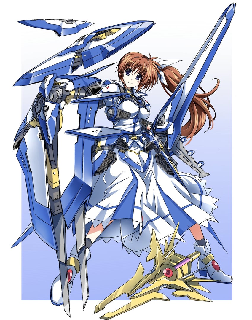 takamachi nanoha, raising heart, strike cannon, and fortress (lyrical nanoha and 1 more) drawn by yorousa_(yoroiusagi)