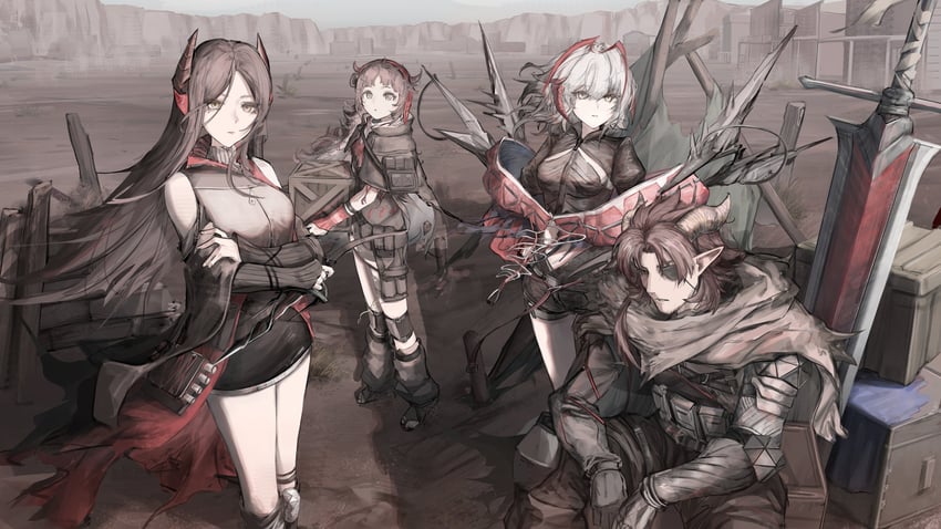 w, ines, wis'adel, hoederer, and paprika (arknights) drawn by nueegochi