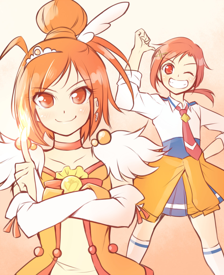 hino akane and cure sunny (precure and 1 more) drawn by arakawa_tarou
