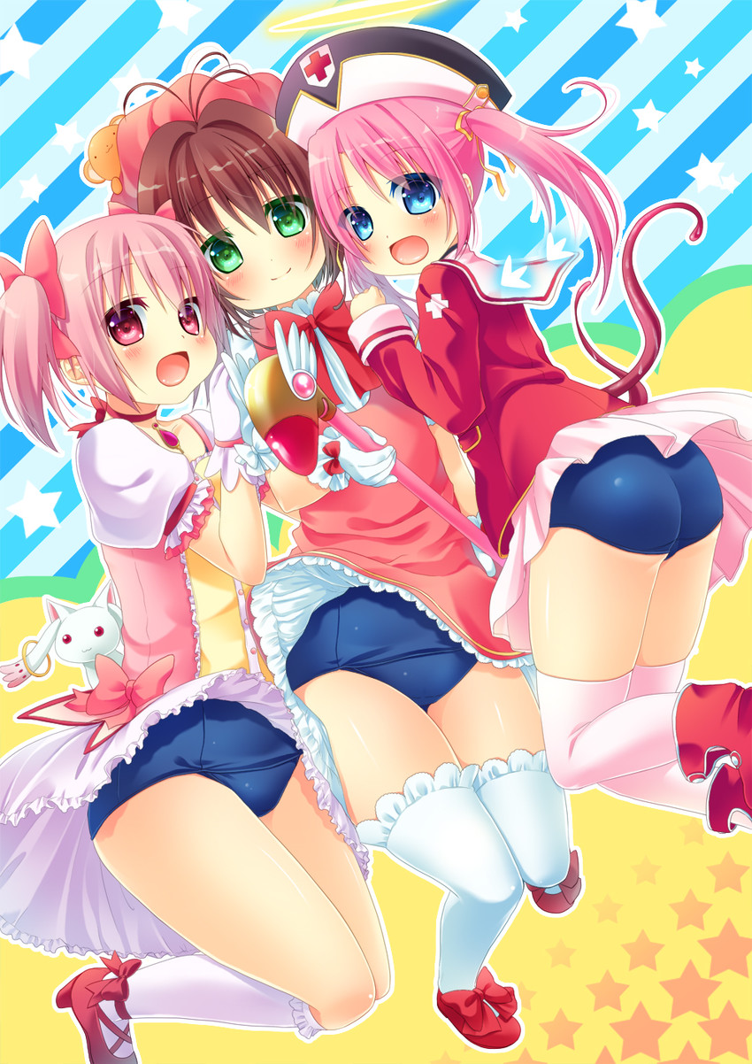 kaname madoka, kyubey, kinomoto sakura, and luvriel (mahou shoujo madoka magica and 2 more) drawn by hanamiya_natsuka