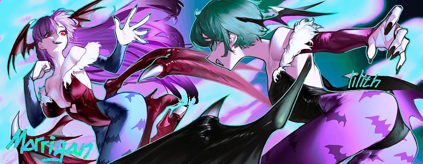 morrigan aensland and lilith (darkstalkers) drawn by pungson_mori
