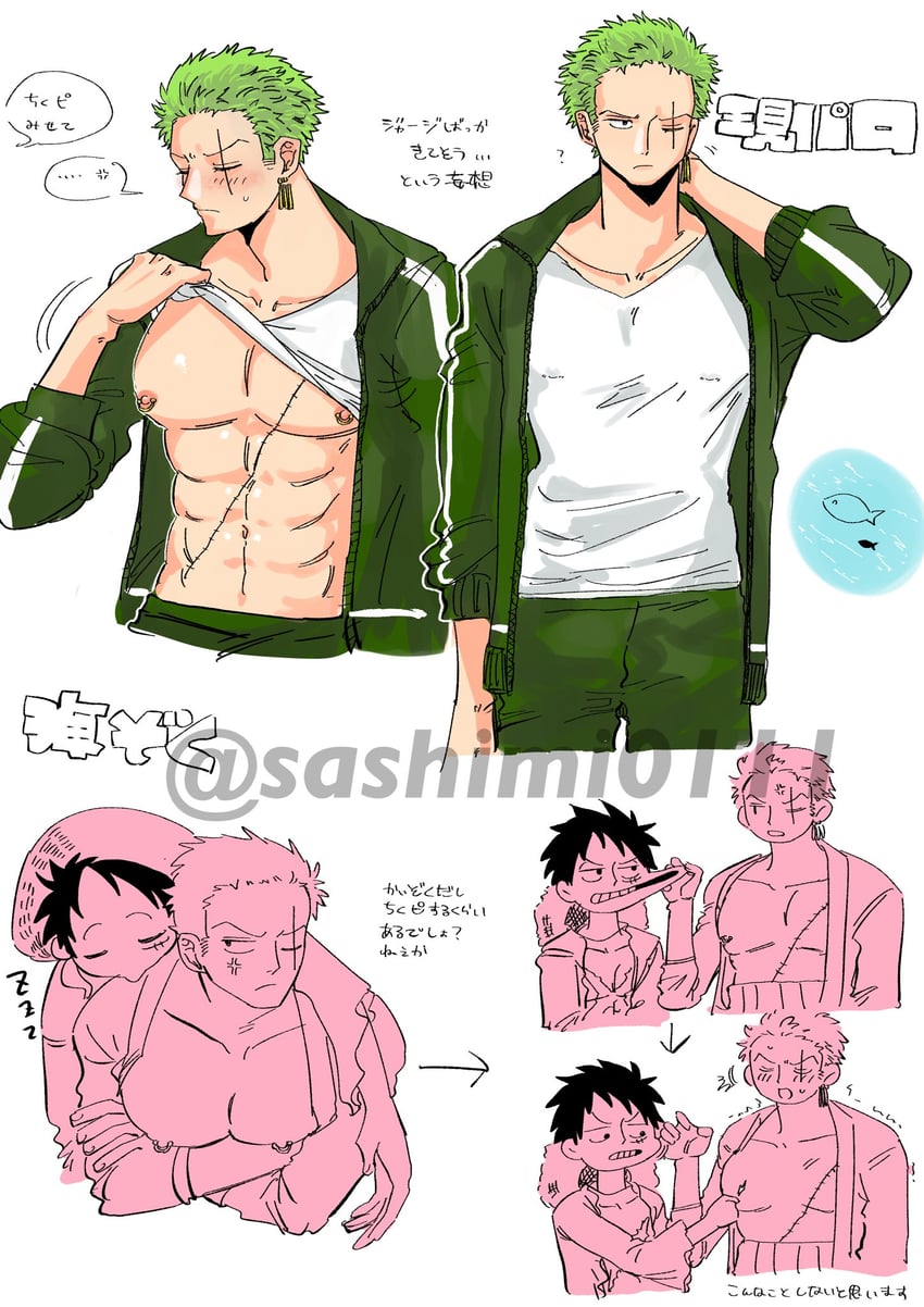 monkey d. luffy and roronoa zoro (one piece) drawn by sashimi0111