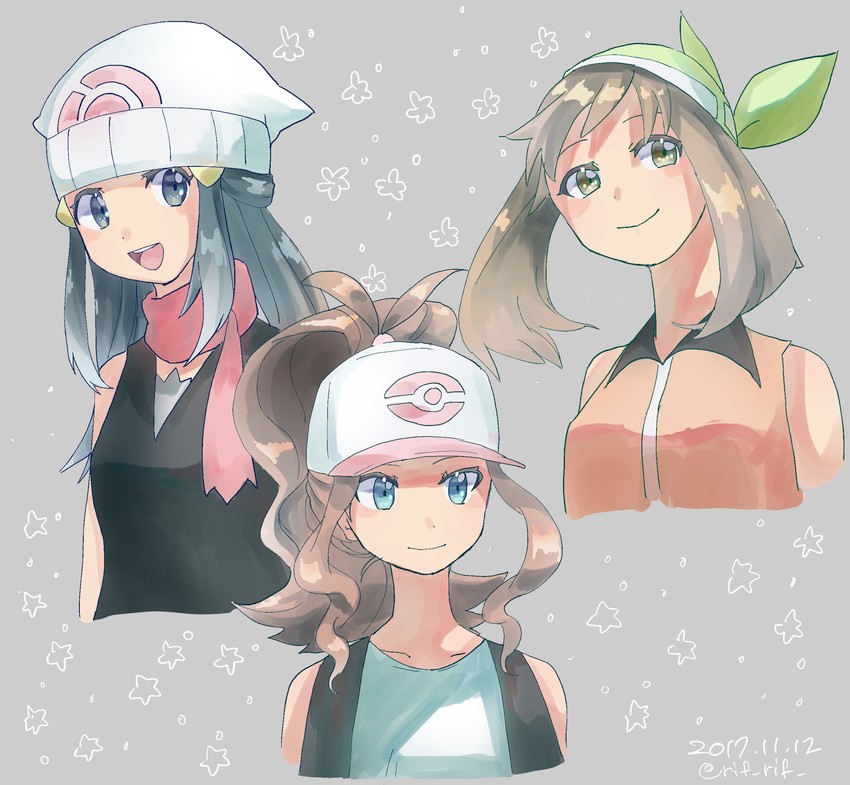 dawn, may, and hilda (pokemon and 4 more) drawn by rifu_(hunihuni1130)
