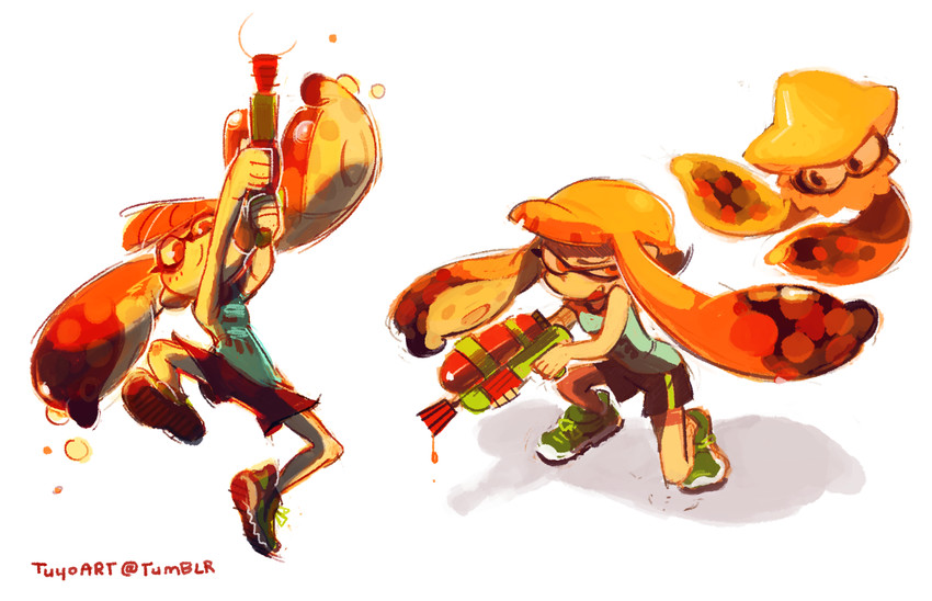 inkling player character and inkling girl (splatoon and 1 more) drawn by temmie_chang