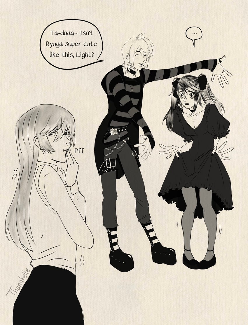 yagami light, l, and amane misa (death note) drawn by thanatelle
