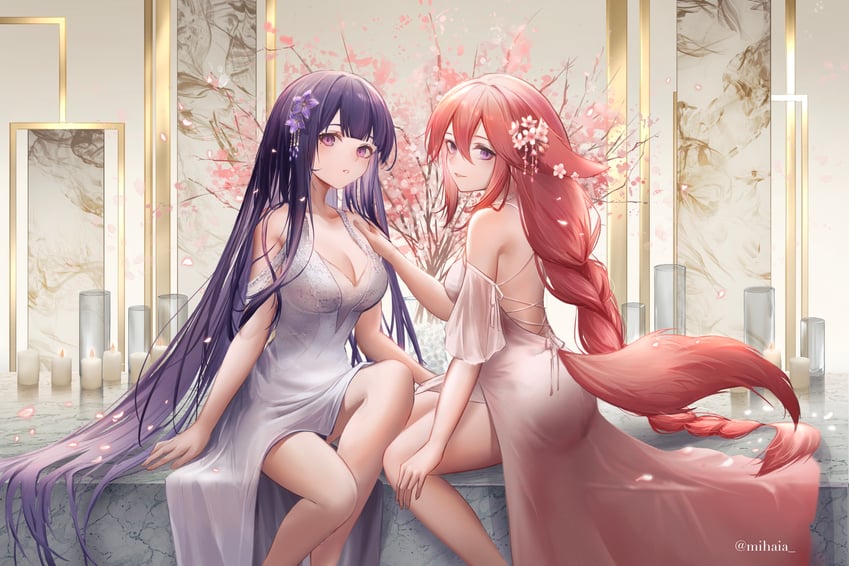 raiden shogun and yae miko (genshin impact) drawn by mihaia
