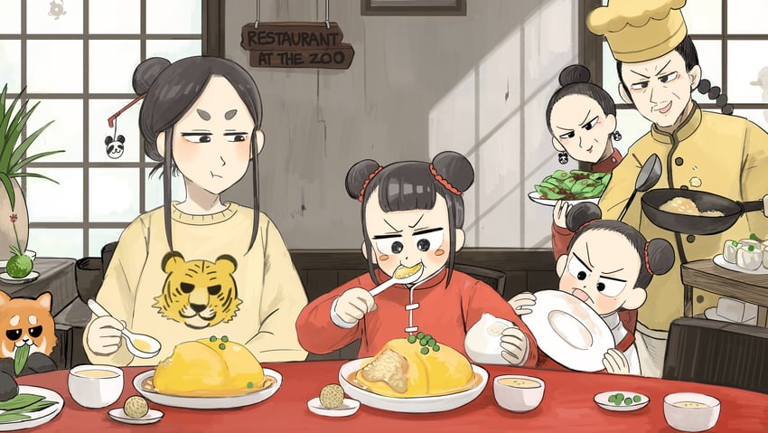 survey girl, younger panda keeper, older panda keeper, panda keepers' mother, and panda keepers' father (zookeepers) drawn by diva_(hyxpk)