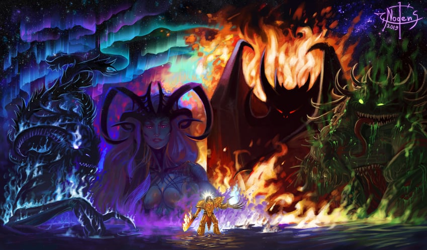emperor of mankind, slaanesh, nurgle, khorne, and tzeentch (warhammer 40k) drawn by nodensart