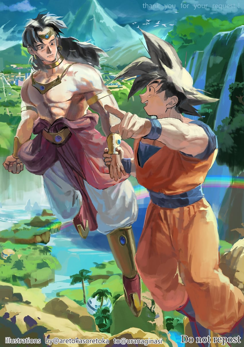 son goku and broly (dragon ball and 1 more) drawn by aretokasoretoka