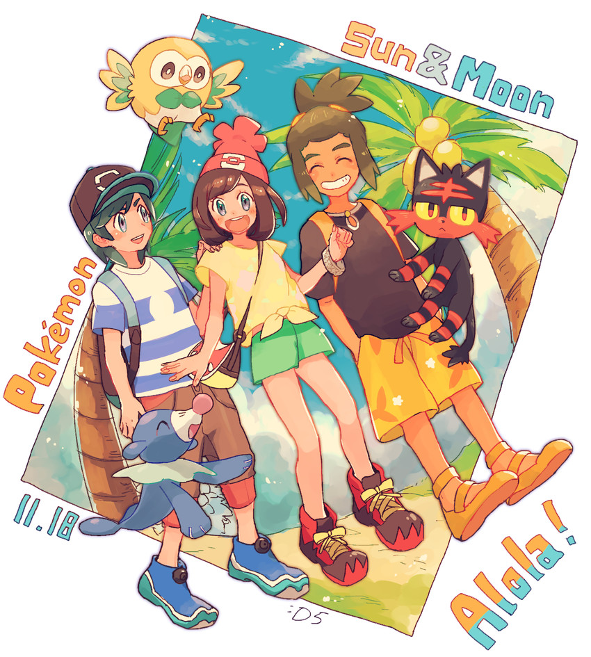 selene, rowlet, elio, popplio, hau, and 1 more (pokemon and 1 more) drawn by deigo_(indigo2070)