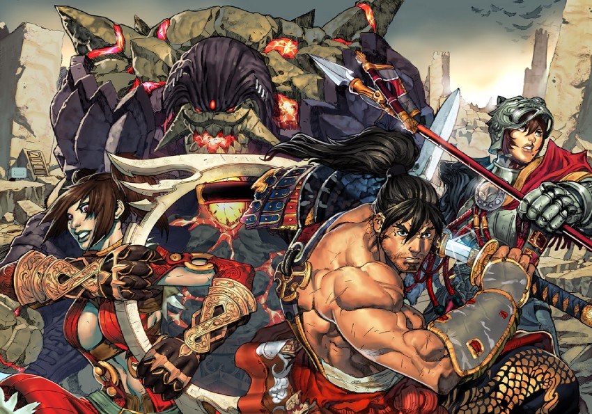 tira, hildegard von krone, mitsurugi heishirou, and astaroth (soulcalibur and 1 more) drawn by chuck_pires and joe_ng