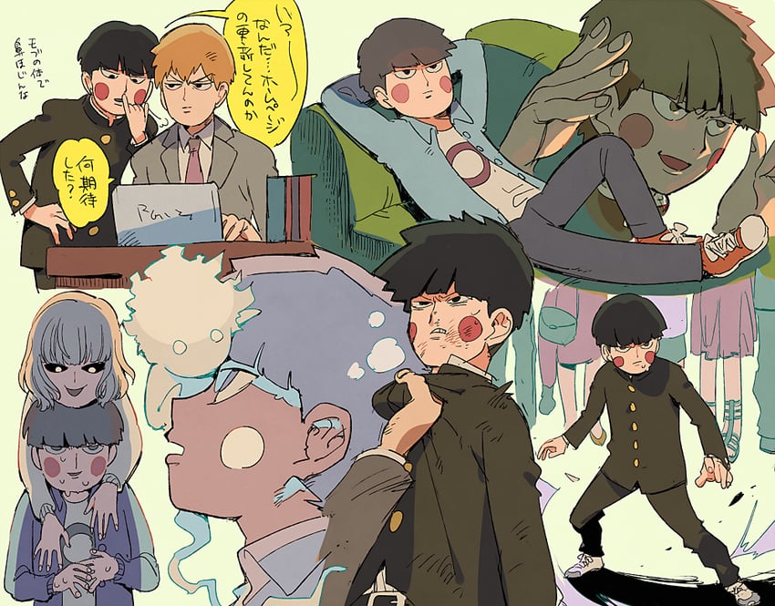 kageyama shigeo, reigen arataka, ekubo, and asagiri minori (mob psycho 100) drawn by aoki_(fumomo)
