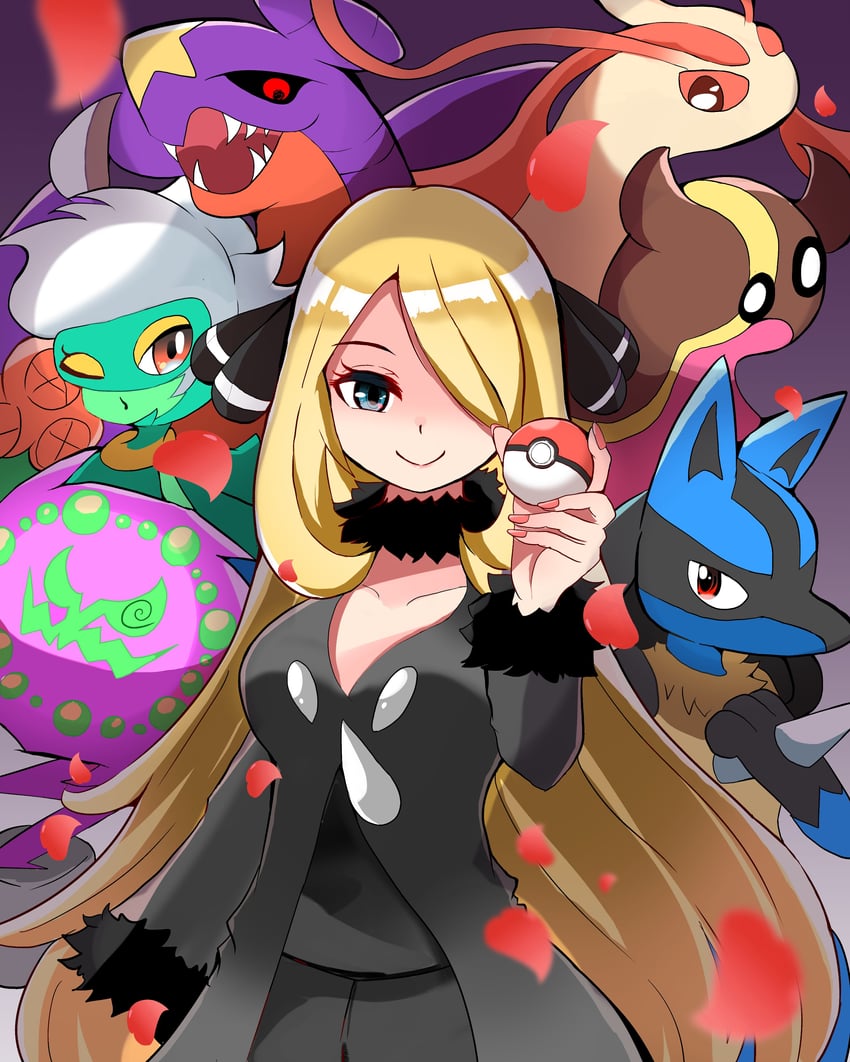 cynthia, lucario, garchomp, milotic, roserade, and 2 more (pokemon and 1 more) drawn by carrot_summer