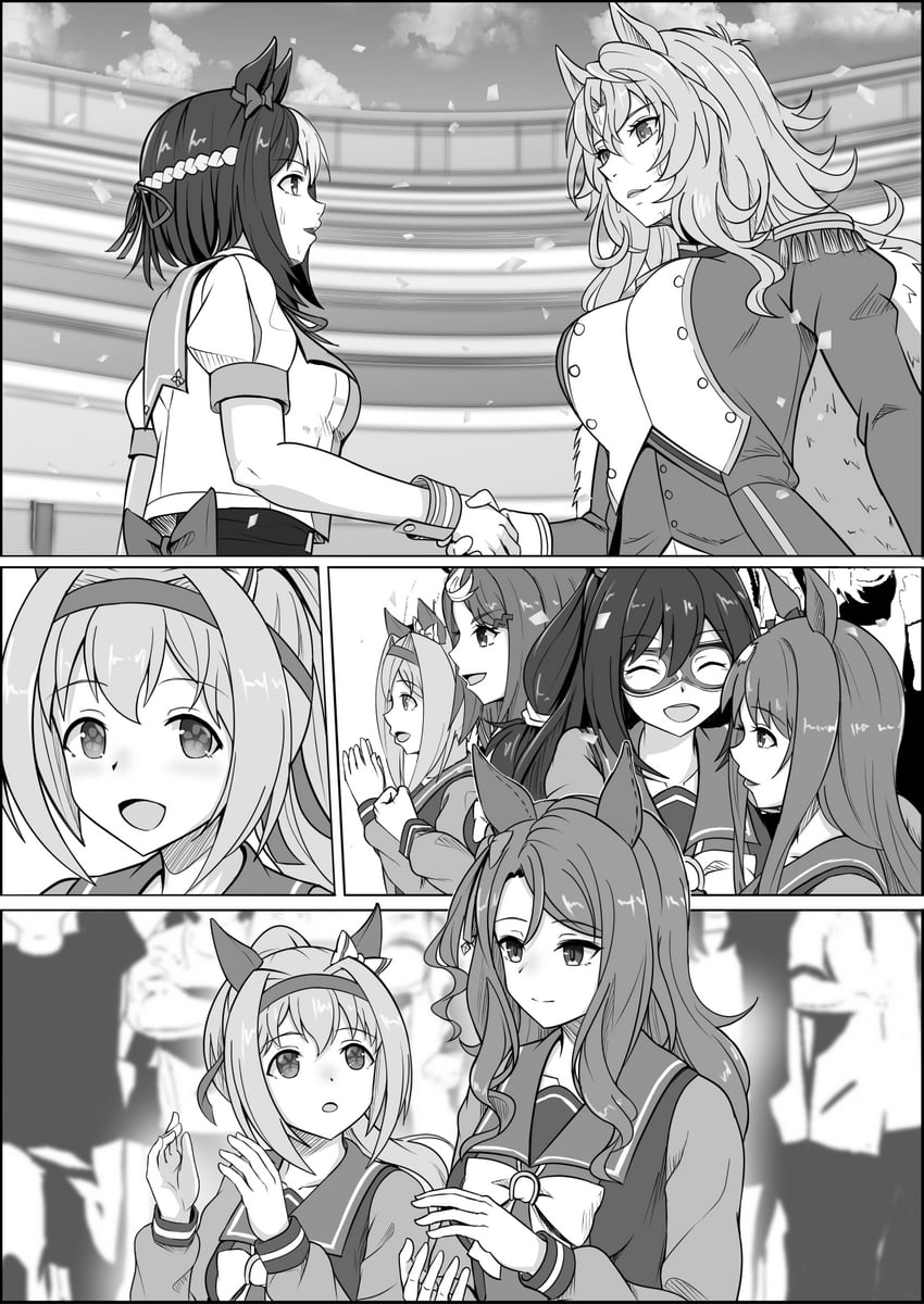 special week, king halo, haru urara, grass wonder, el condor pasa, and 2 more (umamusume) drawn by zenrakishi