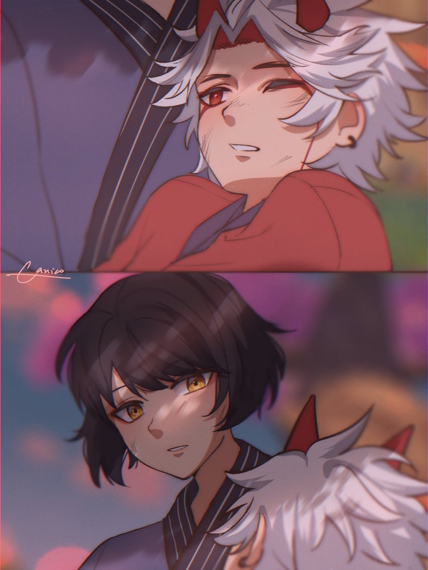 kujou sara and arataki itto (genshin impact) drawn by canicoooo