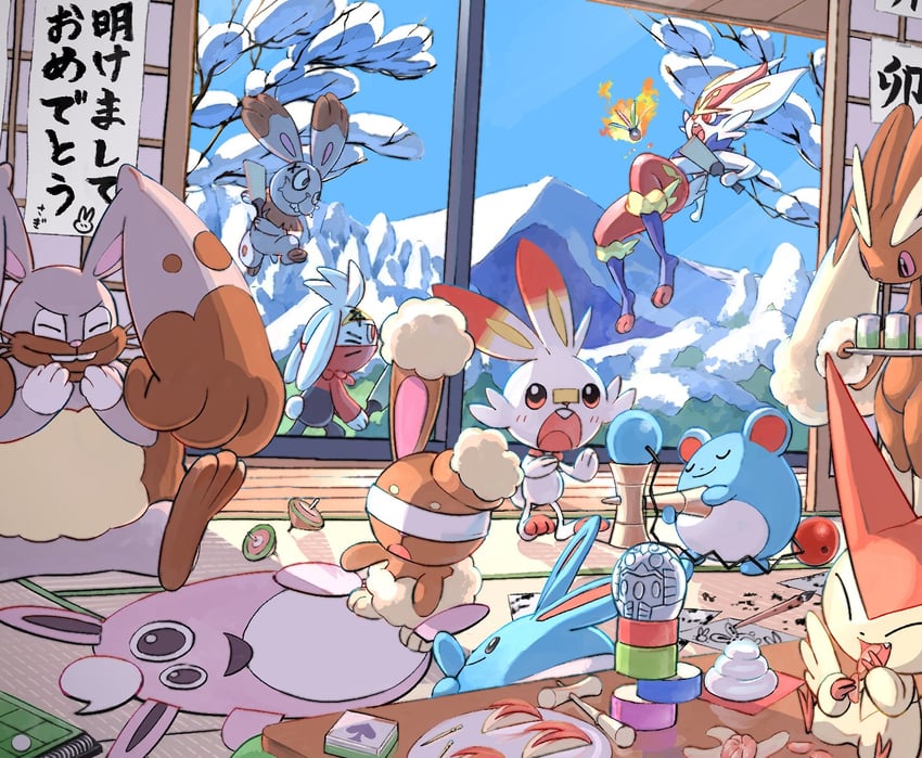 lopunny, scorbunny, cinderace, marill, buneary, and 4 more (pokemon) drawn by mukiguri