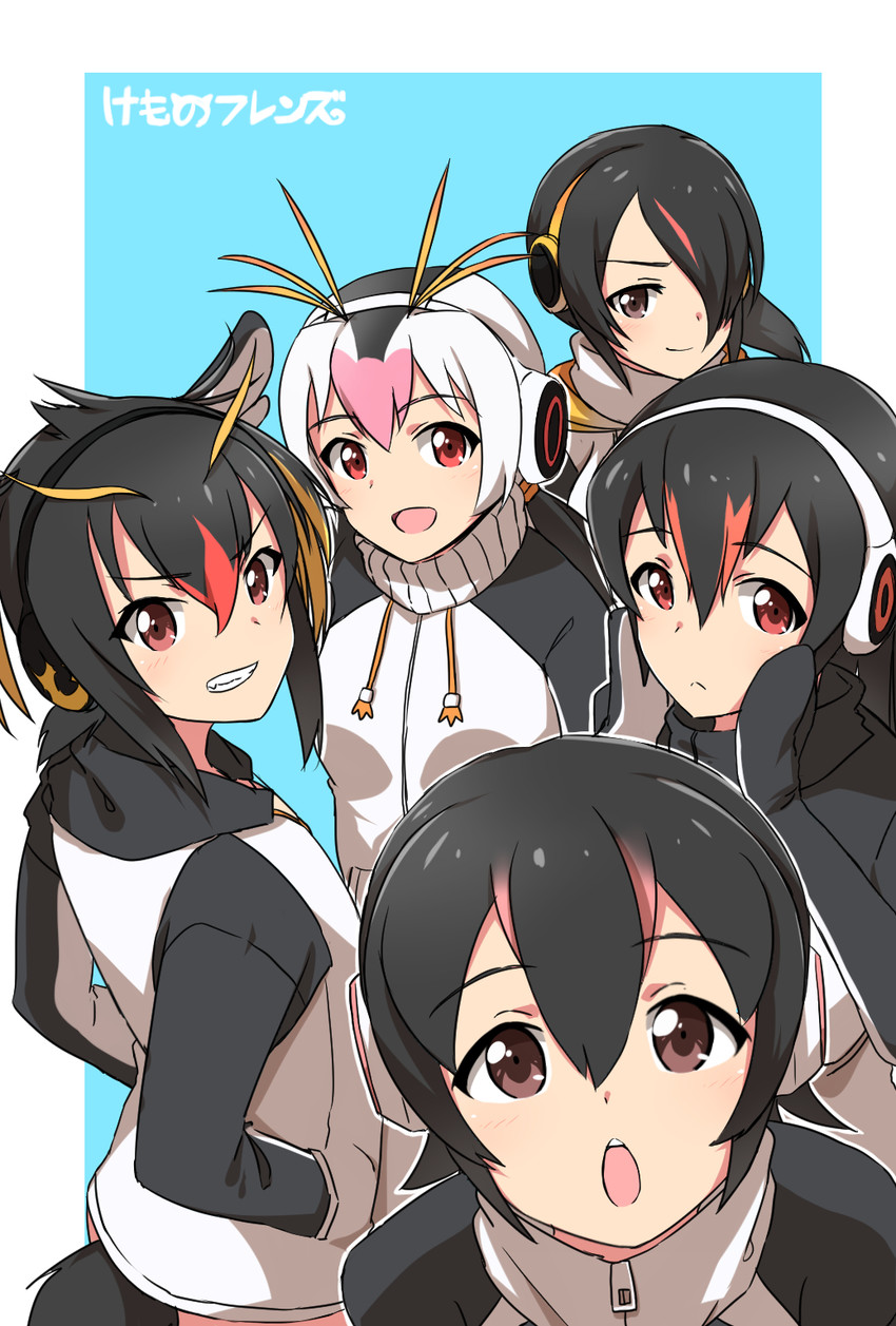 emperor penguin, humboldt penguin, royal penguin, rockhopper penguin, and gentoo penguin (kemono friends) drawn by minowa_sukyaru