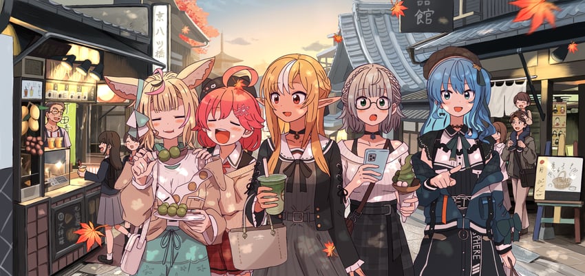 hoshimachi suisei, sakura miko, shirogane noel, shiranui flare, and omaru polka (hololive) drawn by kaigaraori