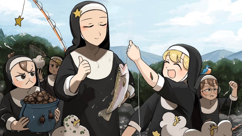 clumsy nun, froggy nun, spicy nun, glasses nun, and star nun (little nuns) drawn by diva_(hyxpk)